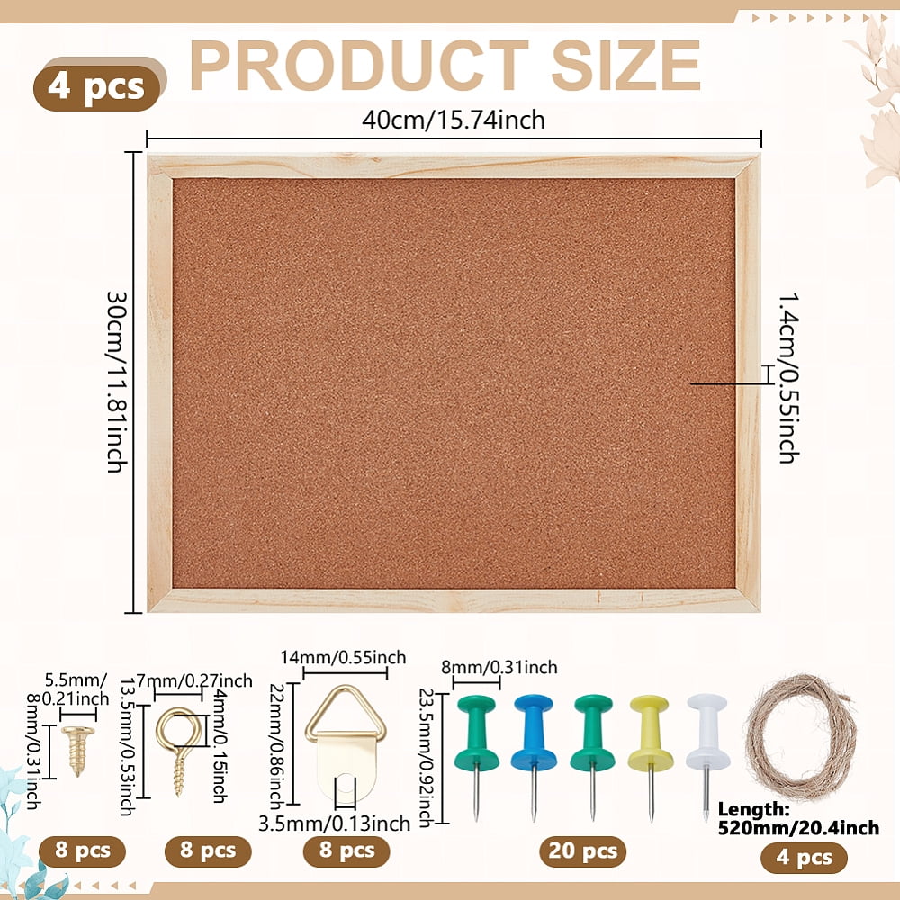 4Pcs Rectangle Cork Bulletin Board Message Board for Home Office School with Zinc Alloy Hook Hangers Tan 400x300x14mm for making