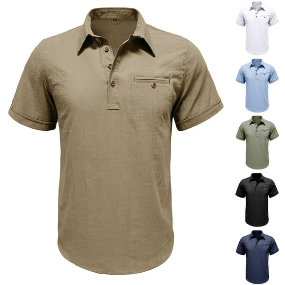 Txeol Deals Today Polo Summer Linen Shirts for Men Casual Business Work Short Sleeve Tops Summer Lightweight Solid Color Pullover,Light Blue,M