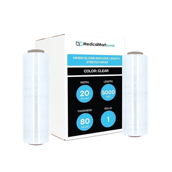 MMBM Blown Machine Stretch Wrap 20" x 5000' 80 Gauge 1 Roll Self Adhering Film for Packing and Moving