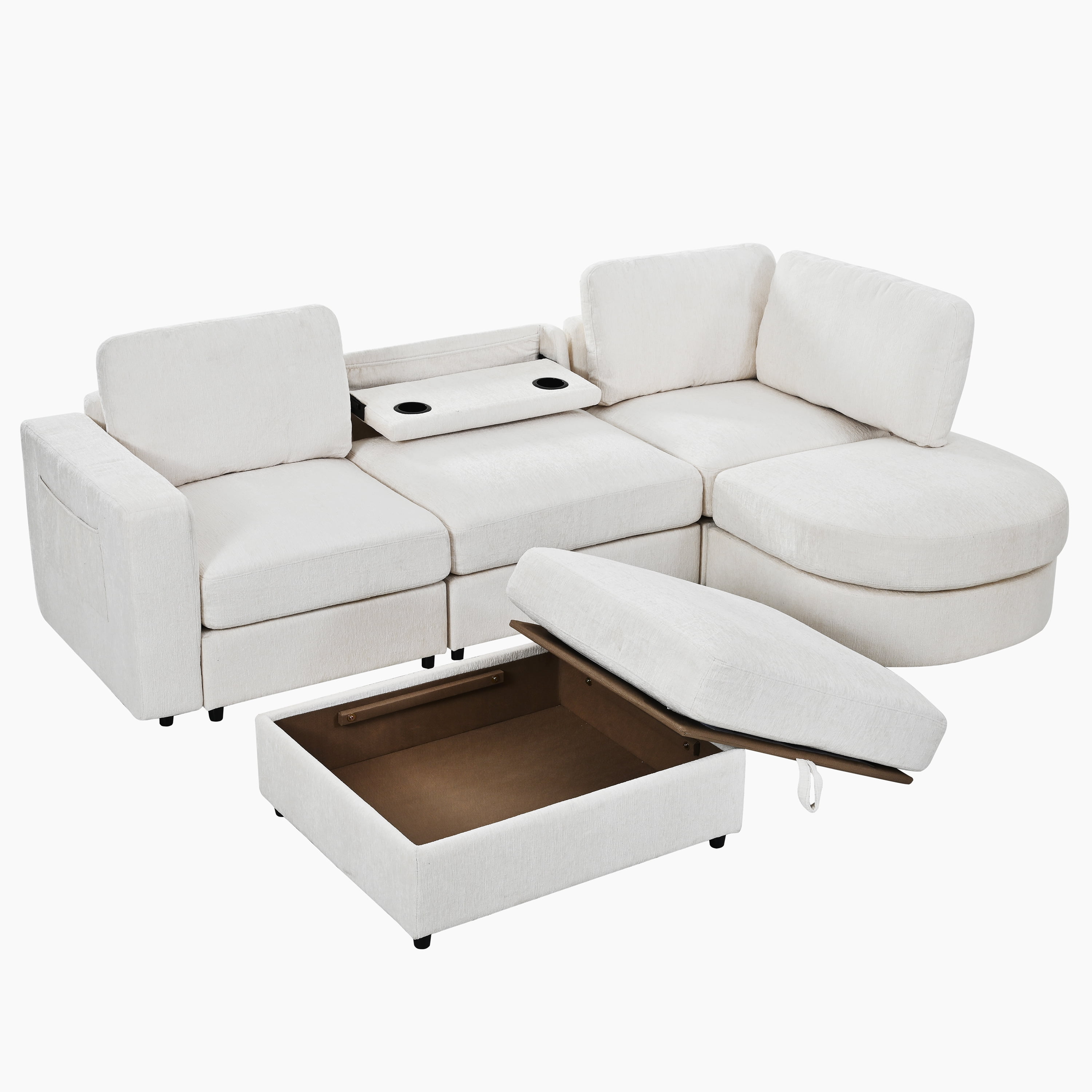 Wakefit 102.4" U-Shaped Sectional Sofa with Storage Ottoman & Curved Chaise,Modern Chenille Modular Couch with Drop-Down Console,Built-in Cup Holders & Side Pockets for Living Room,Beige