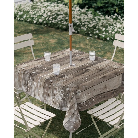 Outdoor Tablecloth with Umbrella Hole, Winter Snowflake Retro Wood Board Zippered Table Cloth for Rectangle Tables, Farmhouse Wooden Washable Waterproof Tablecloths for Picnic Patio Garden