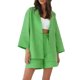 thumbnail image 2 of Traje de pantalón informal SAYOO de dos piezas para mujer blusas abotonadas con cuello de solapa color sólido y pantalones cortos holgados con cintura elástica naranja/azul/verde, 2 of 7