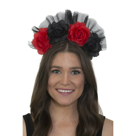 Day Of The Dead Headband Floral Red Black Flowers Gothic Bride Accessory Costume