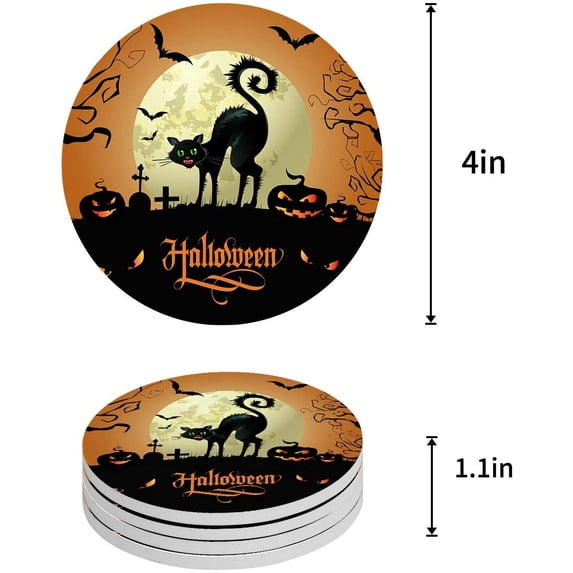 FMSHPON Happy Halloween Cary Cat in Gothic Forest at Night with Bat Flying Set of 8 Round Coaster for Drinks, Absorbent Ceramic Stone Coasters Cup Mat with Cork Base for Coffee Table Bar Decor