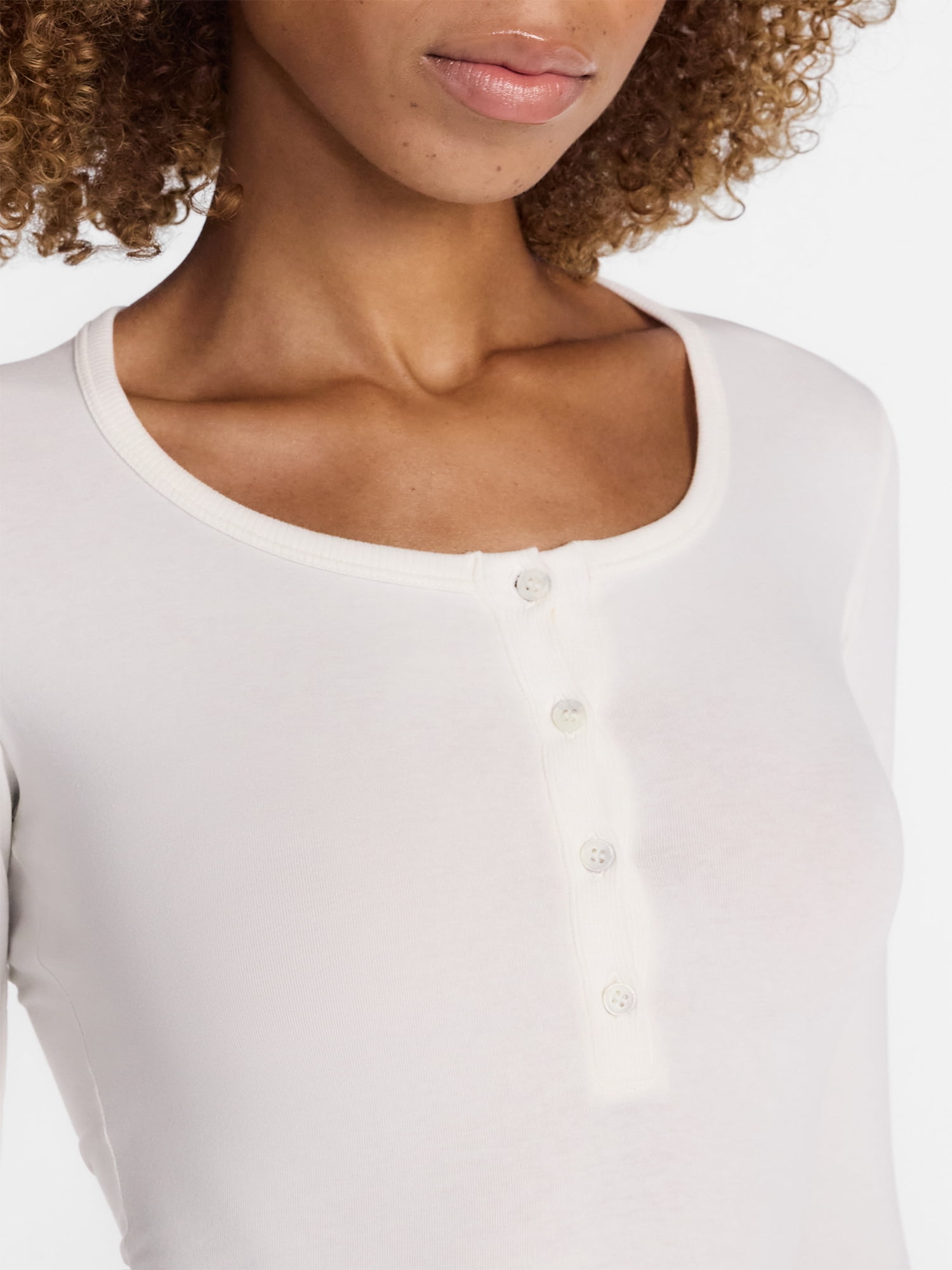 No Boundaries Cotton Stretch Jersey Henley Bodysuit with Long Sleeves, Women's XS-XXXL