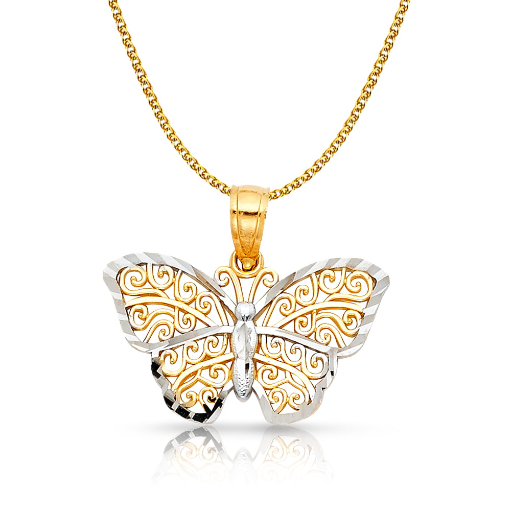 14K Two Tone Gold Fancy Monarch Butterfly Charm Pendant with 1.5mm Flat Open Wheat Chain Necklace 