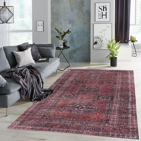 Adiva Rugs Machine Washable Area Rug with Non Slip Backing for Living Room  Bedroom  Bathroom  Kitchen  Printed Persian Vintage Home Decor  Floor Decoration Carpet Mat (RED/BROWN  5 3  x 7 5 )