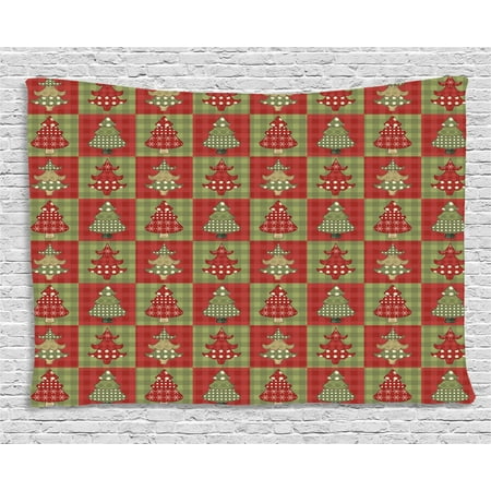 Christmas Tapestry, Different Styled Noel Trees on Checkered Squares Background Vintage Quilt, Wall Hanging for Bedroom Living Room Dorm Decor, 60W X 40L Inches, Ruby Reseda Green, by