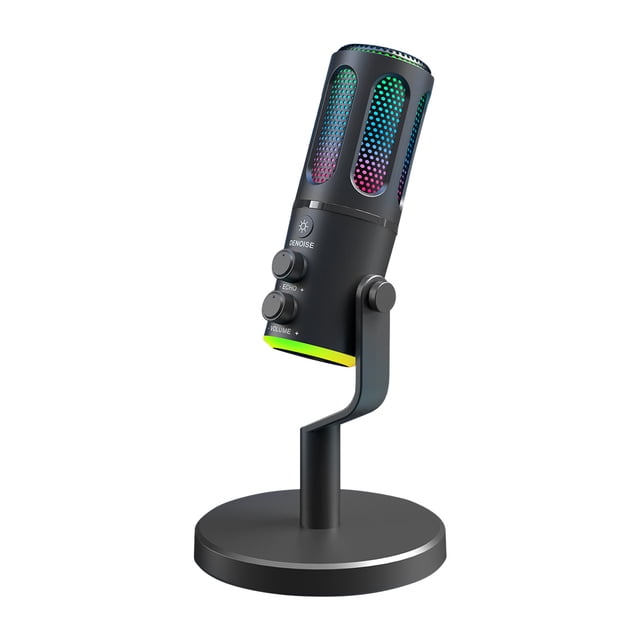 "Professional USB Condenser Microphone with RGB Lighting for Gaming, Streaming, and Karaoke – Plug & Play, Noise Reduction, and Volume Control for PC and Mobile Devices"