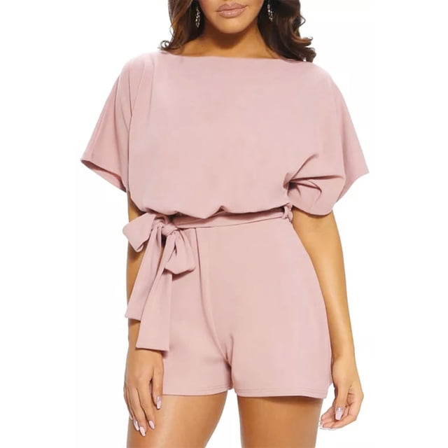 Mono Ropa Deportiva Moda De Verano Color Puro Cintura Alta Cuello Redondo Con Cinturón Traje De Manga Corta Mujer Rosa M