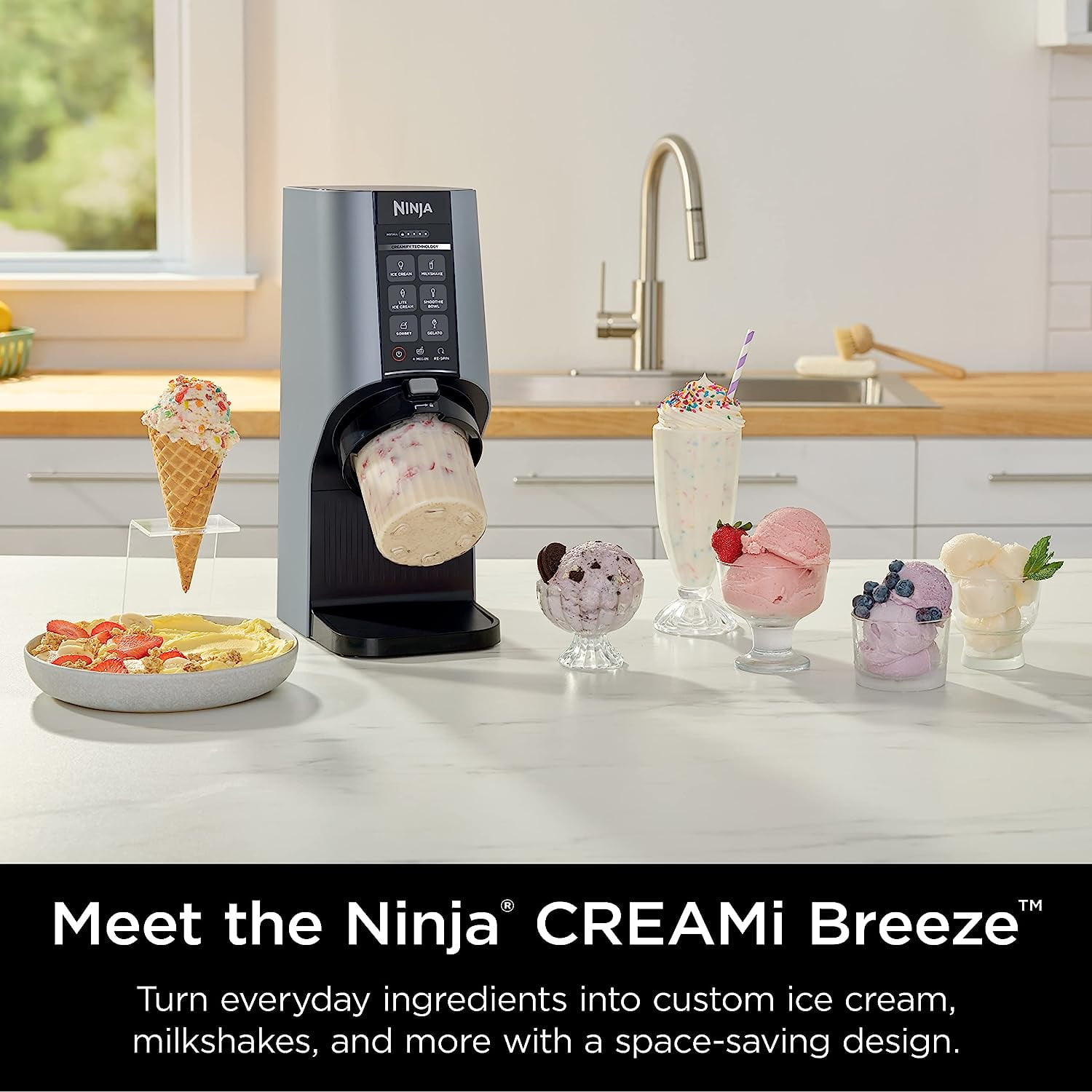  Ninja NC100 CREAMi Breeze 5-in-1 Ice Cream & Frozen Treat  Maker, for Ice Cream, Gelato, Sorbet, Milkshakes, Smoothie Bowls & More, 5  One-Touch Programs, (2) Pint Containers & Lids, Perfect for