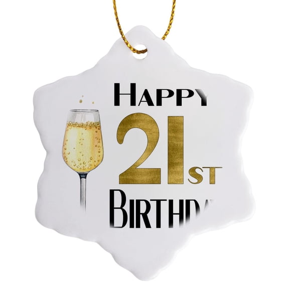 3drose, Happy 21st Birthday in an Image of Gold with Champagne, 3 inch Snowflake Porcelain Ornament