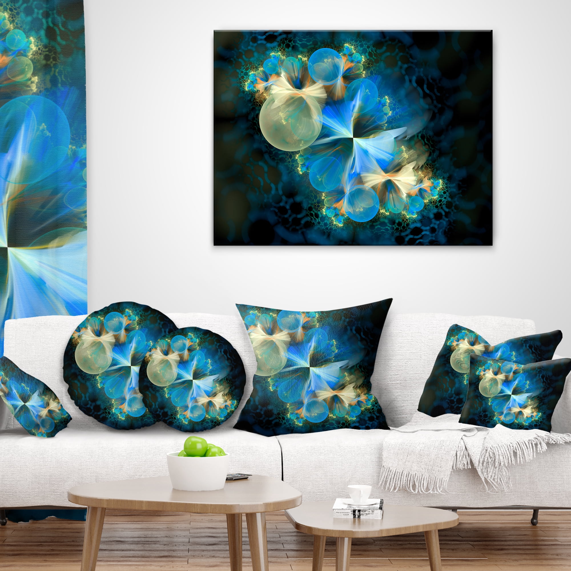 Designart Fractal 3D Blue Bubbles - Contemporary Throw Pillow - 12x20