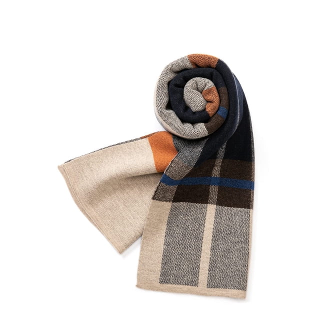 Bufanda Villand de lana merino tartán 30 x 180 cm color camel y naranja