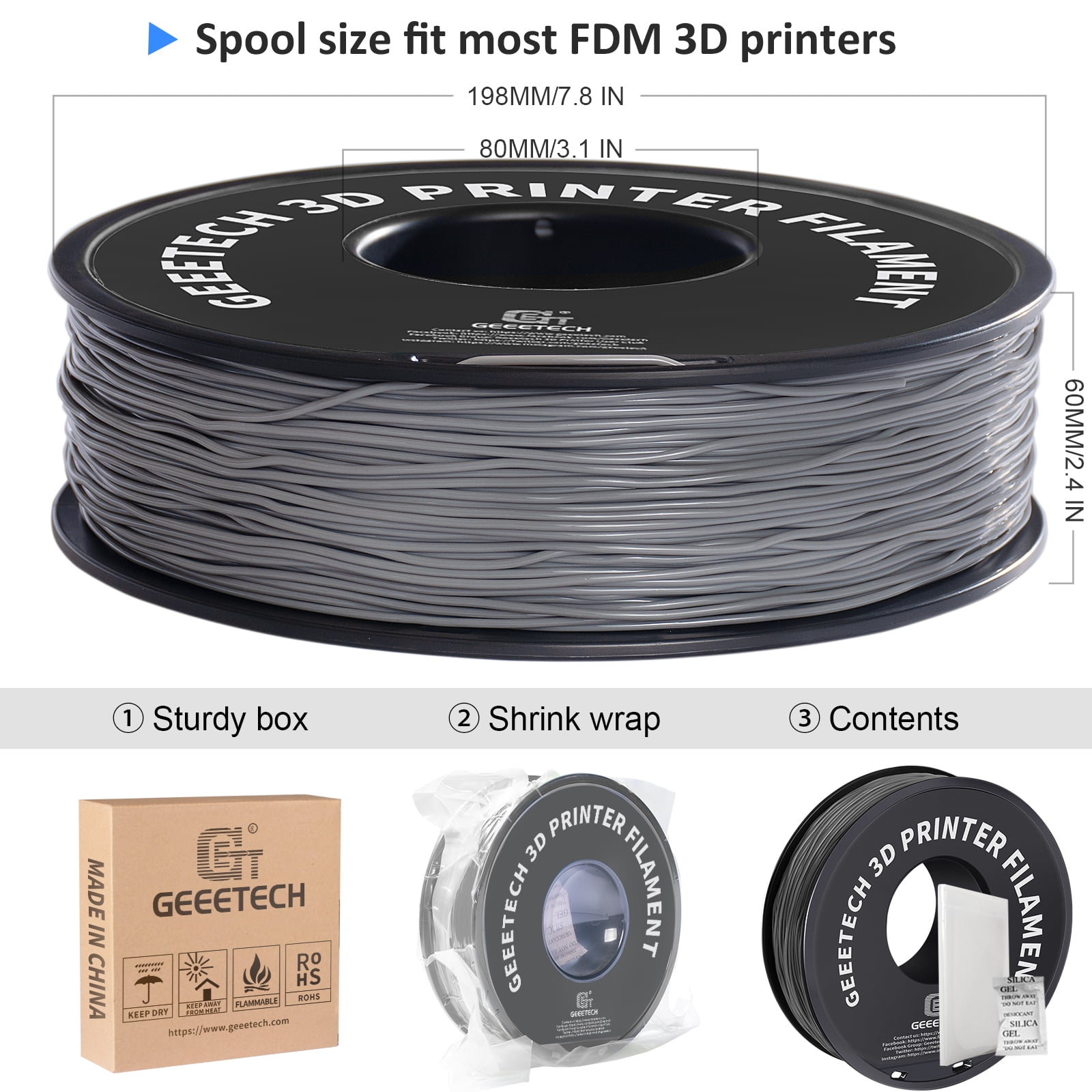 Geeetech 5pcs TPU Filament 1.75mm Flexible Soft 3D Printer Consumables Grey, 5kg Spool (11 lbs.), Dimensional Accuracy +/- 0.03 mm