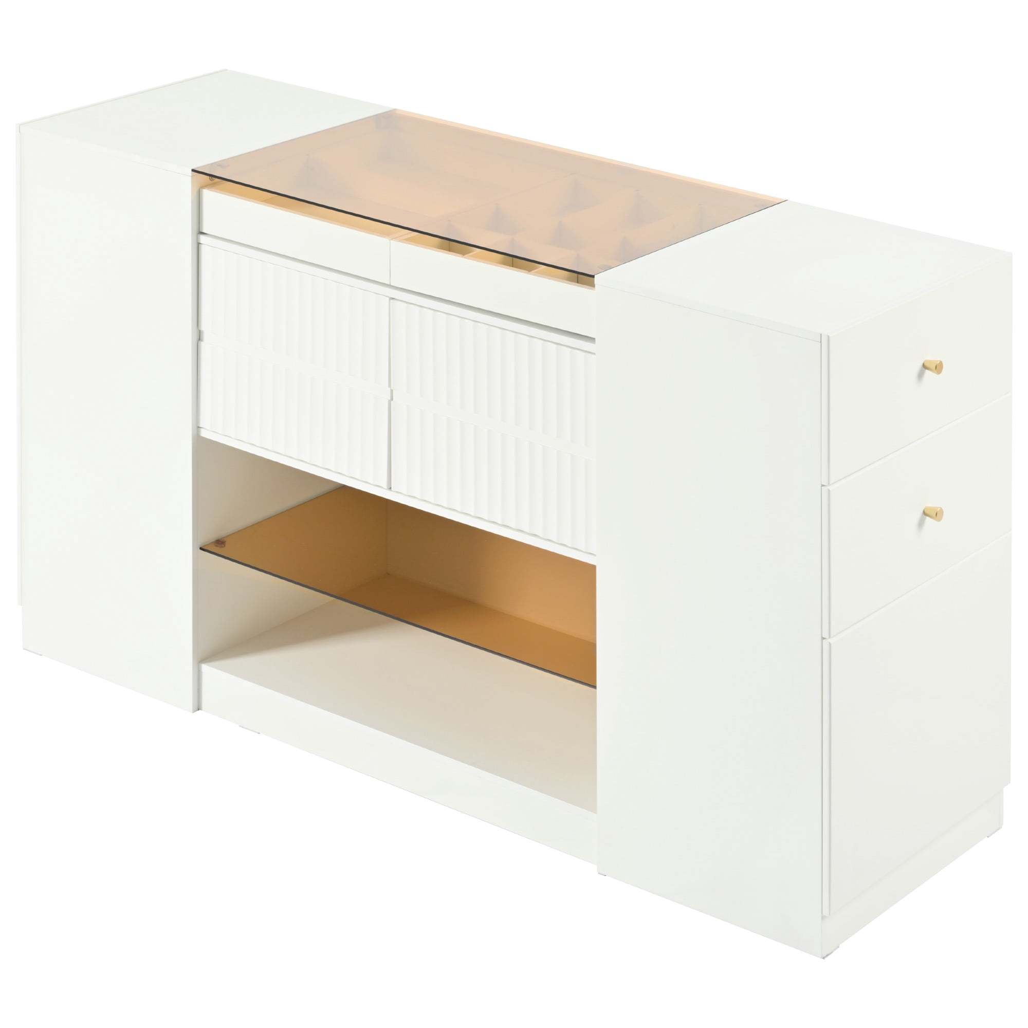 BaPiPro Modern Luxury Multi-Functional Island Vanity Dresser and Storage Cabinet with Glass Tabletop, Display Shelf, 6 Drawers, Cream White MDF