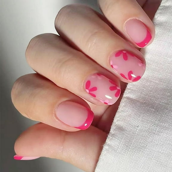 24 Pcs Short Square Acrylic Nails Lovely Flowers Full Covers On Nails French Tip Press On Nails Glossy False Nails