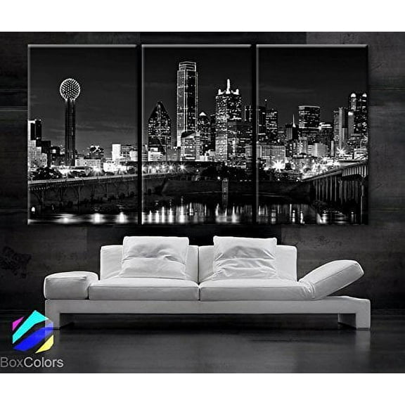 Original by BoxColors Large 30"x 60" 3 Panels 30"x20" Ea Art Canvas Print Beautiful Dallas Tx Skyline Black and White Wall Home decor (Framed 1.5" Depth)