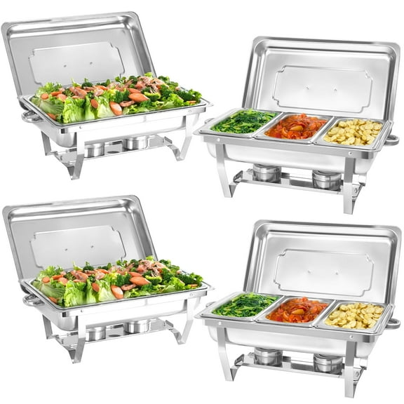 EVGTTI 4 Pack Chafing Dish Buffet Set, 8Qt Rectangular 1/3 Pan×2 full pan×2 Stainless Steel Catering Warmer Set with Water Pan for Parties, Events, Wedding, Camping, Dinner