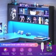 thumbnail image 4 of SEDETA 61 Inch L Shaped Office Desk with Storage, Farmhouse Large Computer Desk with 3 Drawers, 11 Open Shelves and Power Outlet, Corner Gaming Desk with LED Light and Display Cabinet, Black, 4 of 8