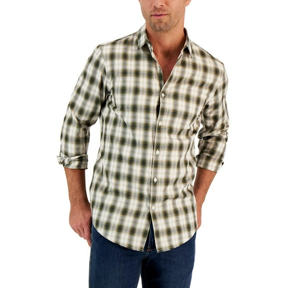 Alfani Mens Plaid Collared Button-Down Shirt