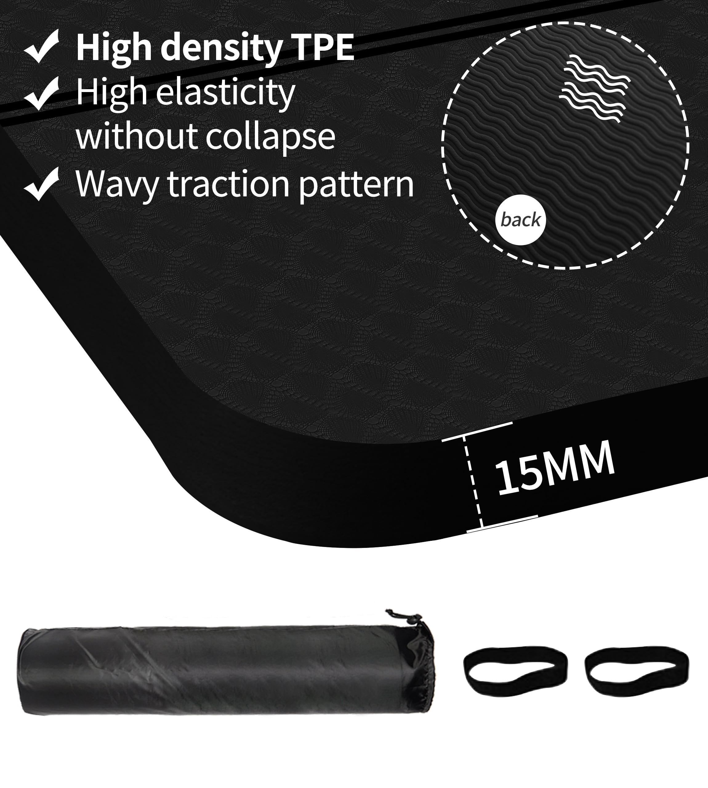 Extra Thickened 15mm Exercise Mat (72" x 32") for Men & Women Non Slip with High Density Large Shock Absorber Pad for Home Gym Travel & Floor Outside Fitness in Black