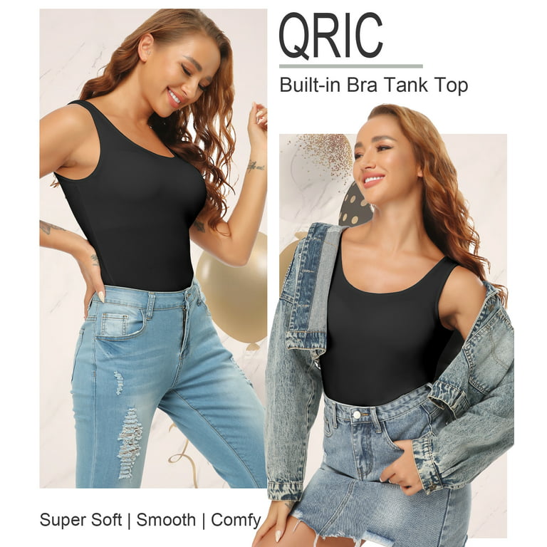 QRIC 3 Pieces Women's Basic Wide Strape Tank Top Scoop Neck Summer Cami  With Built-in Shelf Bra (S-2XL)