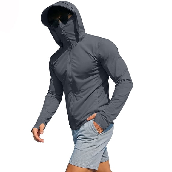 Brnmxoke Mens Uv Shirts Long Sleeve Lightweight Summer Quick Dry Sun Protection Hooded Tops with Mask Zip Up Thumb Hole Sunshirt Running Fishing Hiking Outdoor Dark Gray,XXXL