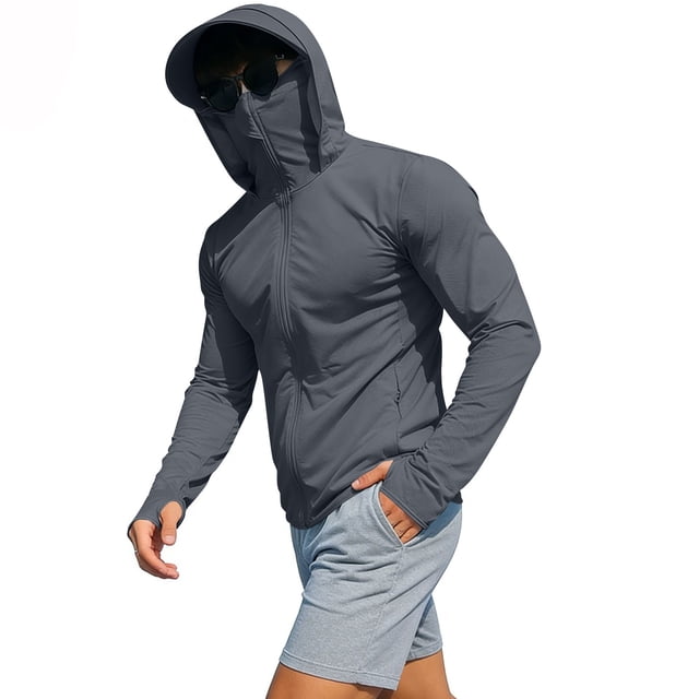 Xdegoge Full Coverage Sun Protection Jacket for Men with Face Mask Hooded Long Sleeve Performance Zip Up Lightweight Breathable Outdoor Fishing Hiking Shield Activewear Windbreaker Athletic Gear