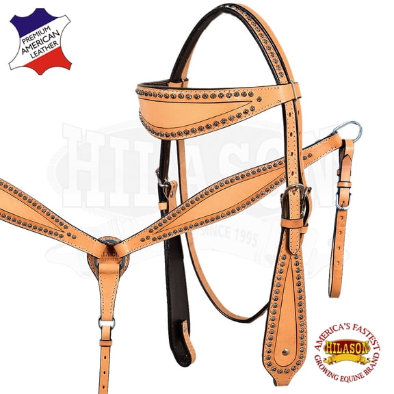 Western Horse Headstall Breast Collar Set Tack American Leather Tan Studs