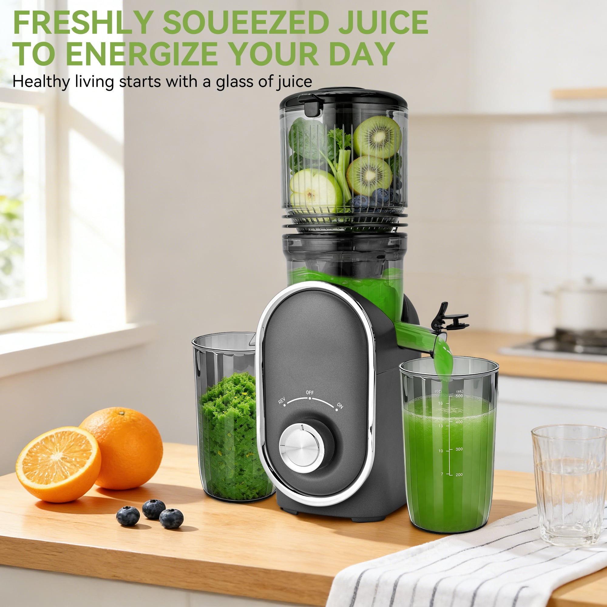 Pukomc Slow Juicer - 300W Cold Press Juicer with 5.3" Wide Chute, One-Touch Operation & Auto Stop, High Juice Yield, Easy Clean, Includes Juice & Pulp Cups(Silver Gray)