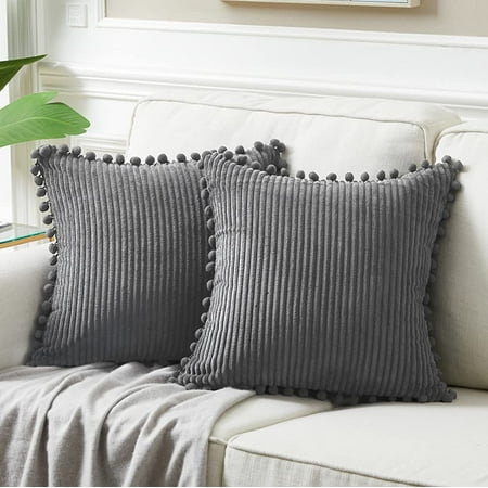 

Fancy Homi Pack of 2 Dark Gray Decorative Throw Pillow Covers 16x16 Inch with Pom-poms for Couch Bed Living Room Soft Corduroy Solid Square Cushion Case 16x16 Farmhouse Boho Home Décor