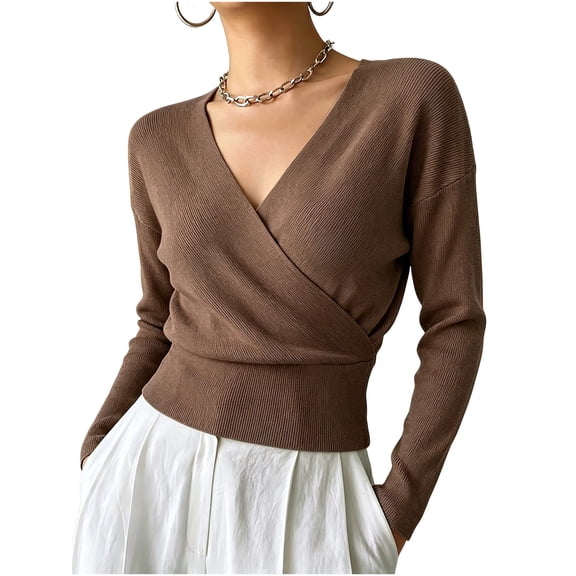 Lmueinov Womens Long Sleeve Knit Shirts Wrap V-Neck Cropped Pullover Sweater with Ribbed Hem for Women Cross Front Soft Business Casual Tops