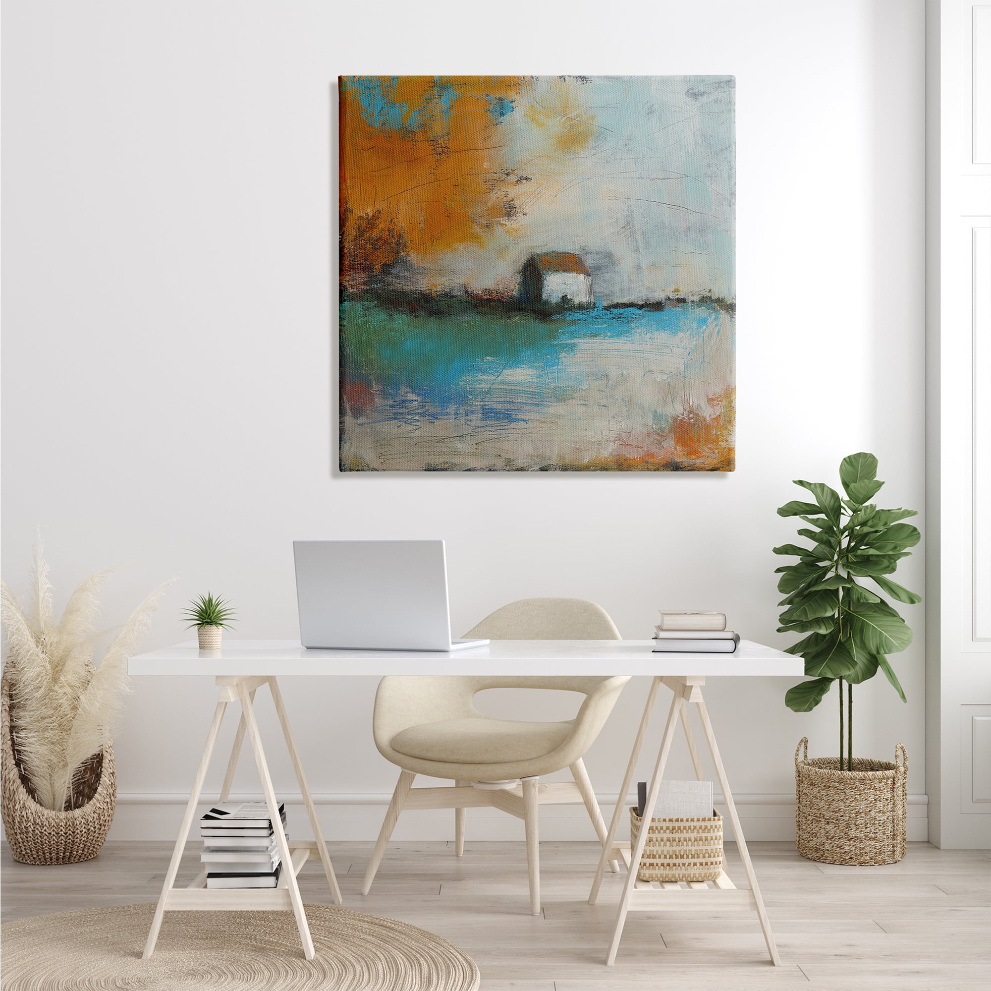Stupell Industries Abstract Country Farmhouse Landscape Orange Blue Sky Abstract Painting Gallery Wrapped Canvas Print Wall Art, 36 x 36