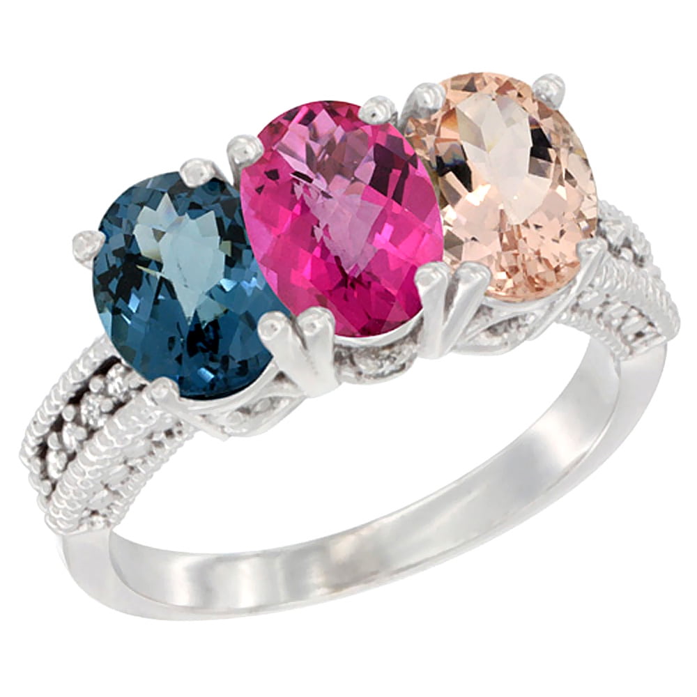 10K White Gold Natural London Blue Topaz, Pink Topaz & Morganite Ring 3-Stone Oval 7x5 mm Diamond Accent, sizes 5 10 by WorldJewels