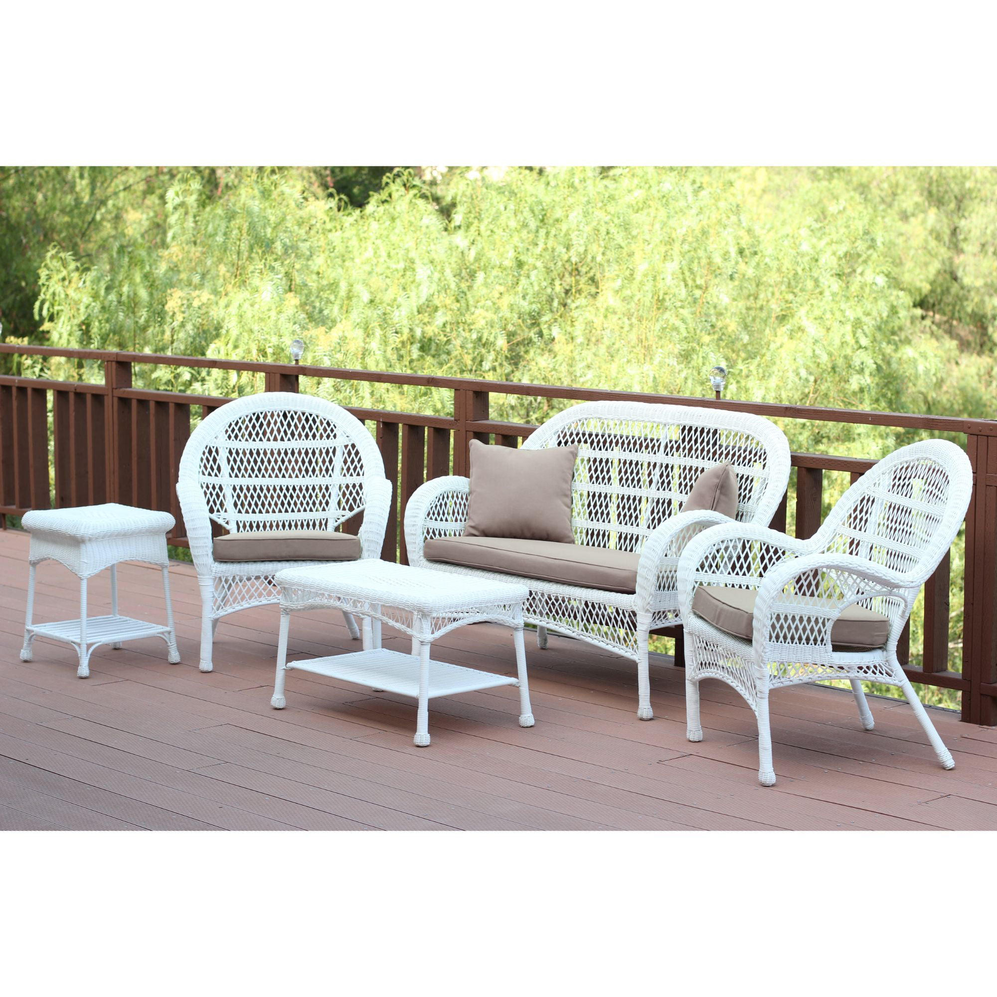 5-Piece White Wicker Outdoor Furniture Patio Conversation Set - Tan