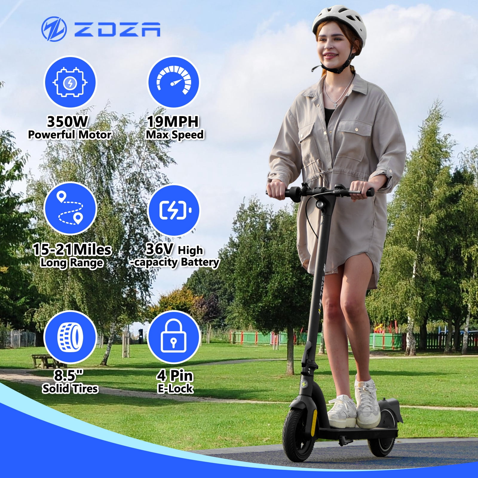 ZDZA, Electric Scooter for Adults, 19 MPH, 18 Mile Range, Grey
