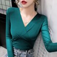 thumbnail image 2 of Women's Monochromatic V-Neck Long Sleeve T-Shirt Spring Clothes Temperament Office Lady Casual Tops Simplicity New Style Fashion, 2 of 5