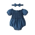 thumbnail image 2 of Baby Girl Romper, Short Sleeve Off Shoulder Pleated Summer Short Jumpsuit + Head Band, 2 of 9
