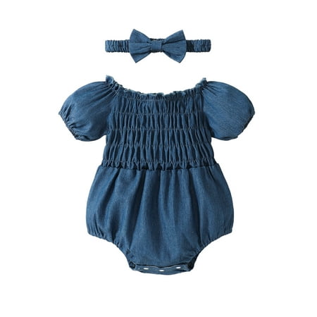 

jaweiwi Baby Toddler Girl Denim Romper 0 3M 6M 12M 18M Short Sleeve Off Shoulder Pleated Summer Short Jumpsuit + Head Band