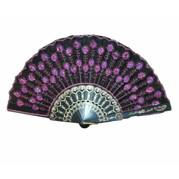 Black Slab Fabric Hand Fan with Peacock Pattern Sequin Style-hot-pink
