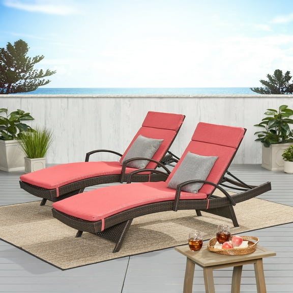 Anthony Outdoor Wicker Adjustable Chaise Lounge with Arms and cushion, Set of 2, Multibrown, Red