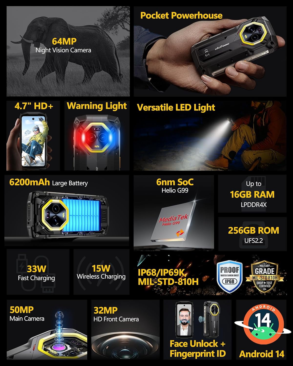 Ulefone Armor Mini 20 4G Rugged Phone, 16GB 256GB MTK Helio G99,Black