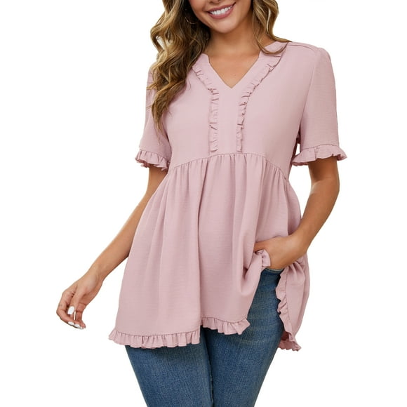 INSPIRE CHIC Hauts de Maternité pour Femmes Boho à Volants Col en V Manches Courtes Chemises Fluides Blouses Décontractées Vêtements 2025 Rose Poussiéreux Moyen