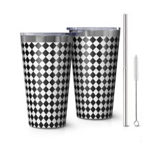 16oz Tumblers Black White Diamond Checkered Pattern Stainless Steel Vacuum Insulated Double Wall Travel Tumbler Cups Mug with Lid and Straw,Cleaning Brush for Coffee,Tea