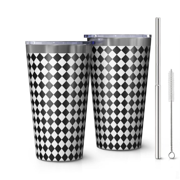16oz Tumblers Black White Diamond Checkered Pattern Stainless Steel Vacuum Insulated Double Wall Travel Tumbler Cups Mug with Lid and Straw,Cleaning Brush for Coffee,Tea