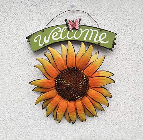 Metal Rustic Sunflower Welcome Hanging Sign Garden Wall Door Decor 16.5"X10" 