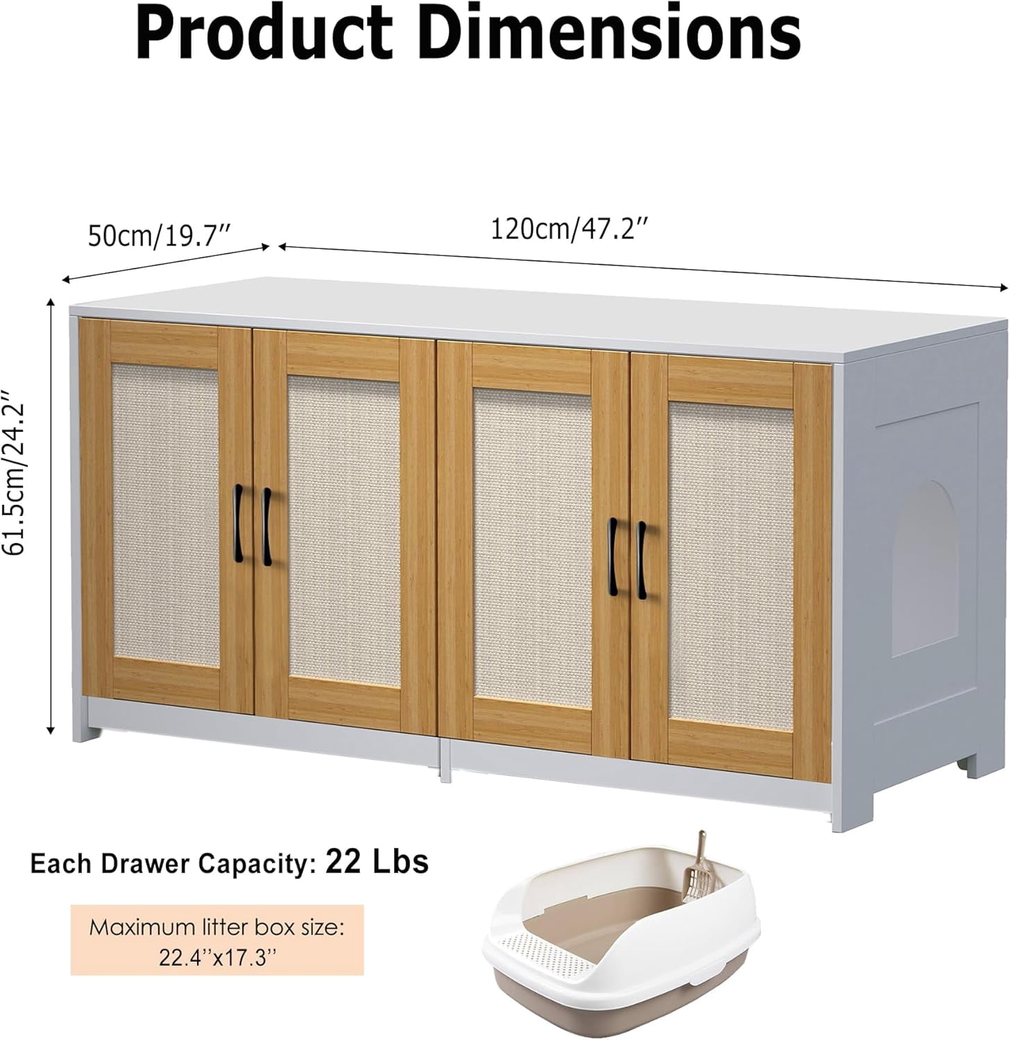Homhougo Litter Box Enclosure for 2 Cats, 47.2" Large Wood Hidden Litter Box Furniture for 2 Boxes with Sisal Doors and Sliding Drawers, Indoor Cat House TV Stand White