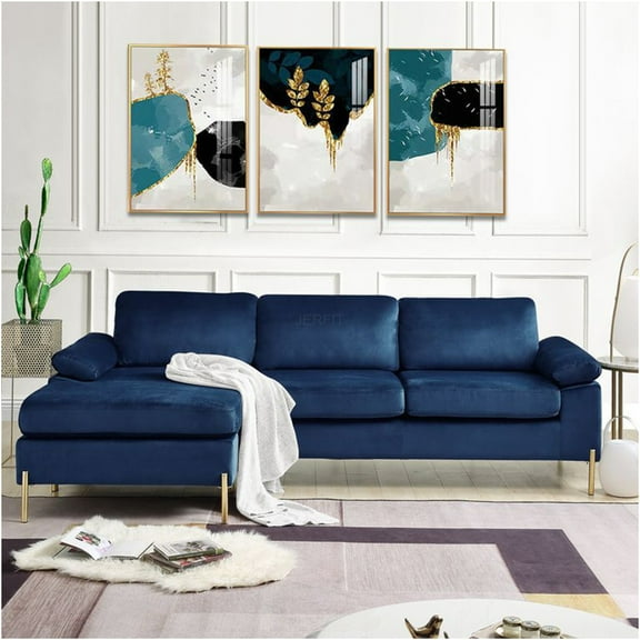 JERFIT Modern Velvet Sectional Sofa with Chaise, Mid-Century Glam Corner Couch, Blue Velvet Upholstery, Gold Metal Legs, for Living Room
