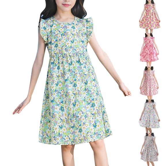 Gunia Girls Summer Dress Sleeveless Casual Floral Beach Sundress For Toddler Kids Youth Teen Green Dress For Girls 2-12 Years